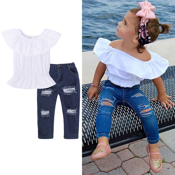 

baby girls summer beach clothing sets white t-shirt + ripped jeans 2pcs clothes set for girls autumn apparel crianca roupas t200526