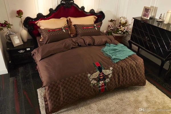 

big bee embroidery bedding suit gg flower boutique fashion quilt cover all cotton stripe brown bed cover suit 4pcs