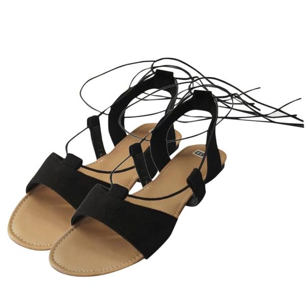 

cross-tied leather sandals women open toe comfortable lace-up beach shoes woman flats ladies sandals summer casual big sizes, Black