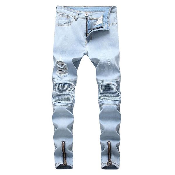 

mens jean long trousers pencil denim pants street elastic hole washed fashion casual fashion hip hop washed male pants, Blue