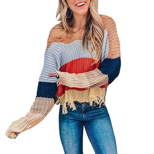 

womail women tassel sweater pullover plus size woman knitted patchwork v-neck 2019 autumn winter sweater women, White;black