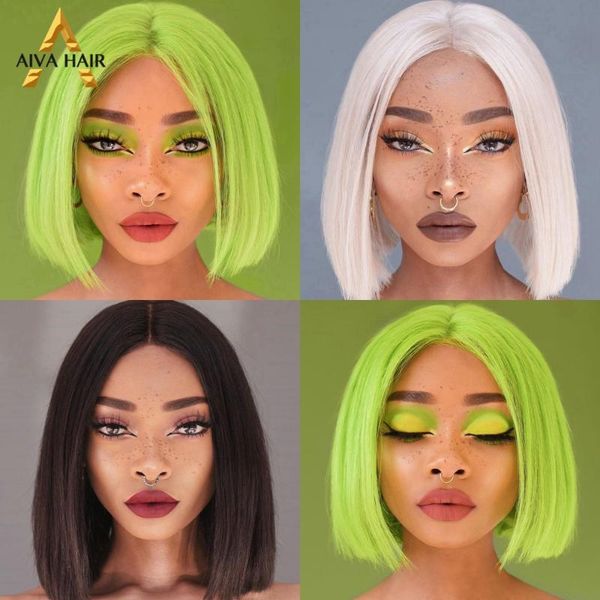 

synthetic wigs aiva short bob black wig high density lace front glueless green temperature fiber for women