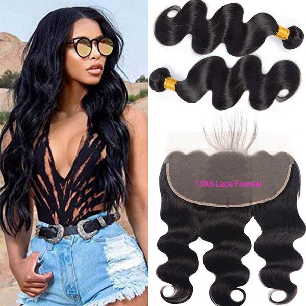 

malaysian human hair 3pcs one set body wave bundles with 13x6 lace frontal baby hair wholesale hair extensions 13 by 6 frontals, Black;brown