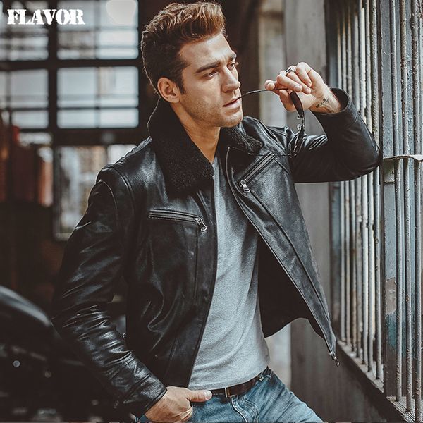 

s-6xl men's black pigskin real leather jacket fur collar genuine leather jacket padding cotton winter warm coat men