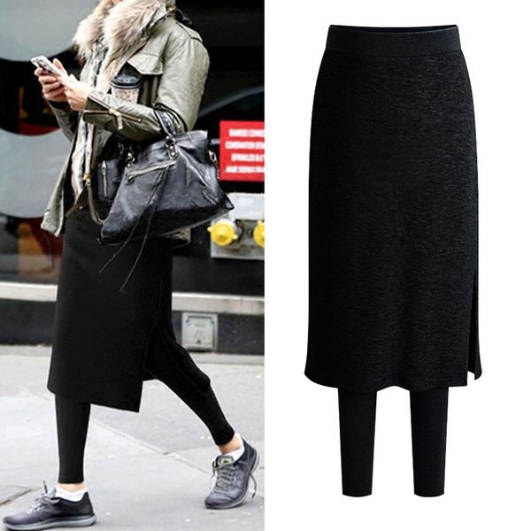 

fashion trousers women autumn winter warm and velvet thickening splice leggings wear fake two culottes pantalones mujer#guahao, Black;white