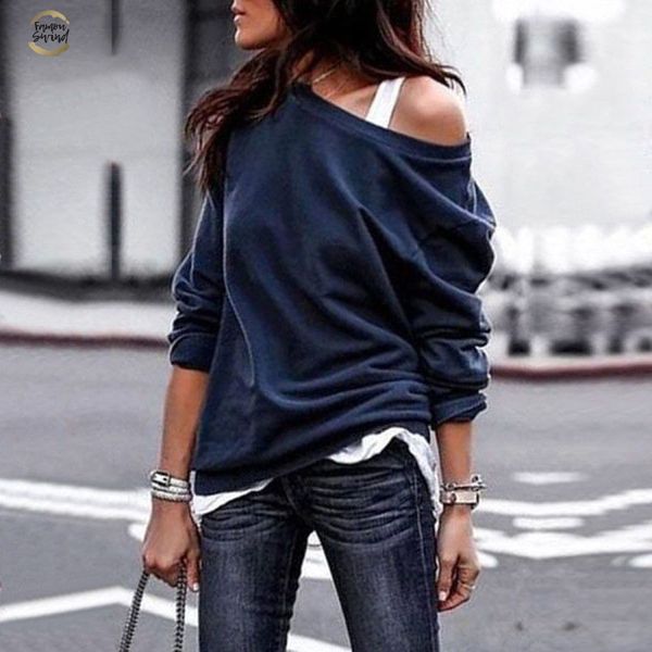 

fashion new women blouse casual one shoulder skew collar long sleeve solid cotton shirt tunic blusas mujer xl, White