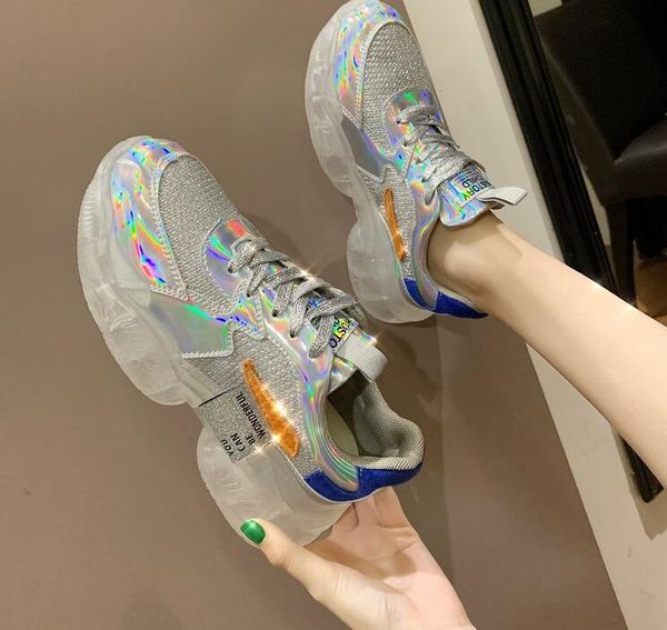 

brand spring trend women transparent sneakers harajuku ladies platform jelly shoes laser casual shoes shining running footwear, Black