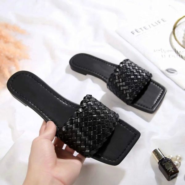 

luxury designer leatherstripes sandals denim ladies summer flat slipper outdoor beach woman flip flops rainbow letters slippers, Black