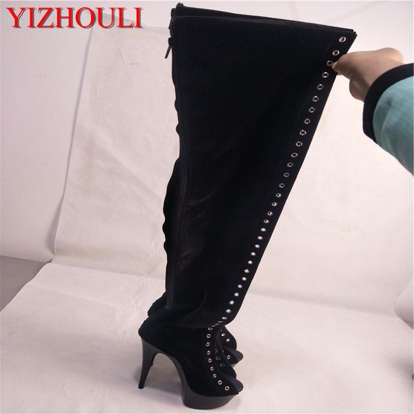 

15cm high heel formal dress thigh high boots ultra heels 6 inch platform side of the bandage women over-the-knee long boots, Black