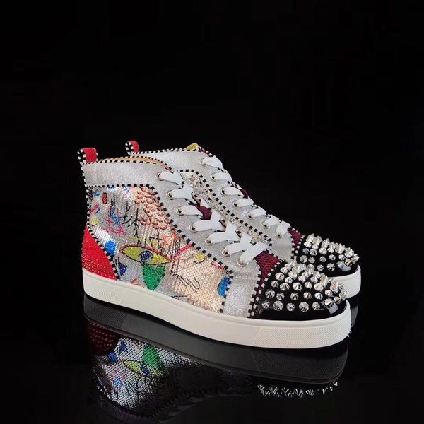

original box]exquisite red bottom graffiti beads leather with studs sneakers shoes new brand men women high walking size 35-46, Black