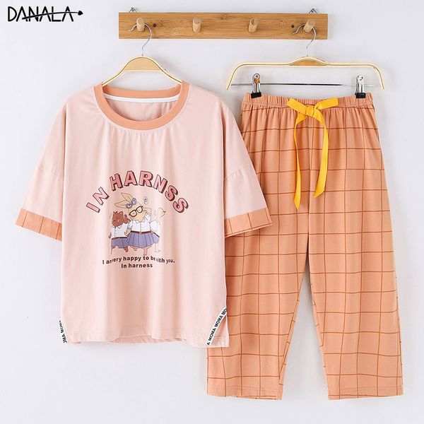 

danala cotton casual women sleepwear sets summer cute animals print vogue short sleeve pajamas sets women home suits nightwear, Blue;gray