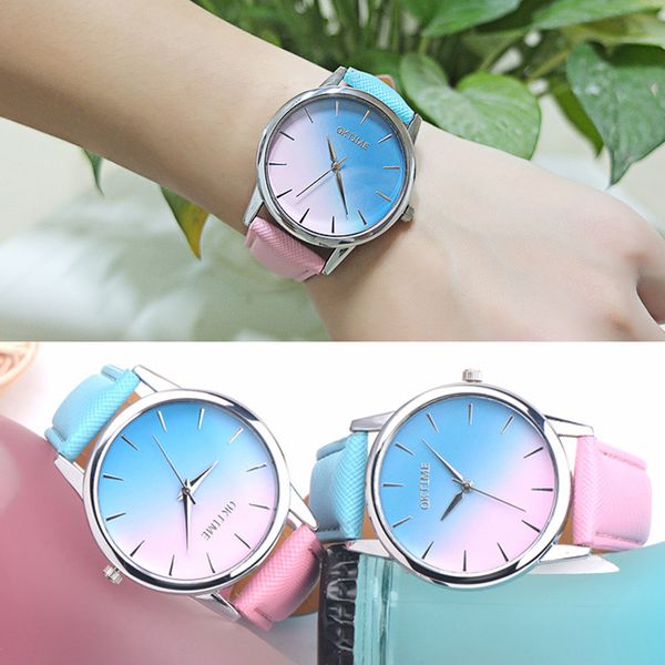

retro rainbow watches personality romantic design leather band analog alloy quartz wrist watch clock zegarek q, Slivery;brown