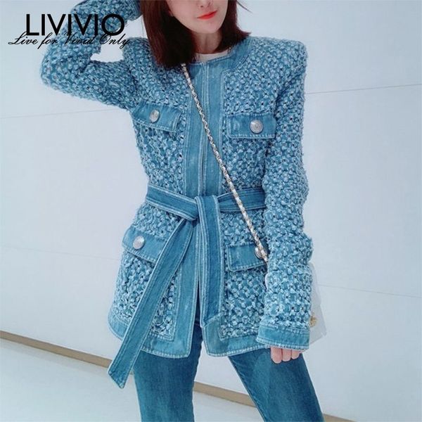 

livivio] vintage blue denim jacket with belt waisted ripped hole women coat 2019 autumn long sleeve pockets streetwear new, Black;brown