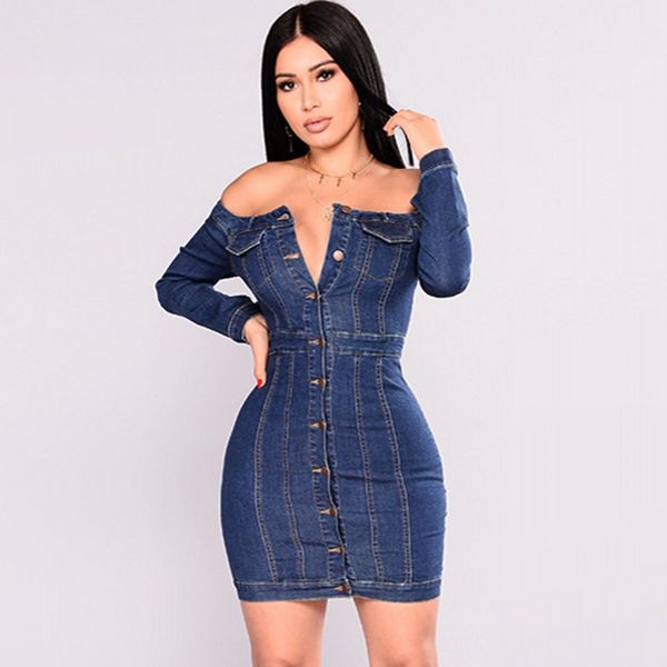 

Spring Women Jeans Dress 2019 Autumn Female Sexy Strapless Single Breasted Slim Hip Party Dress Ladies Long Sleeve Denim Dresses