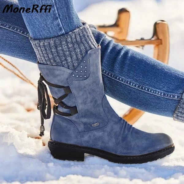 

women warm winter mid-calf boots flock vintage shoes ladies 2020 fashion snow boots knitting cross shoes thigh high suede botas, Black