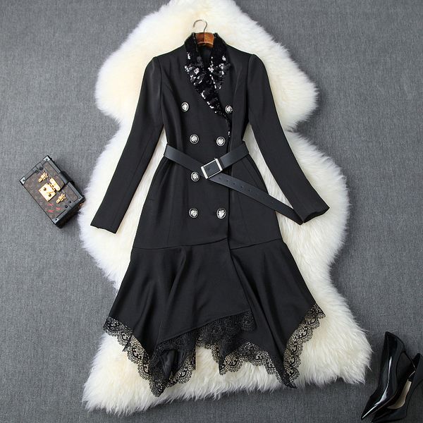 

autumn 2019 new european and american women's wear long sleeve sequined lapels double-breasted lace fishtail dress, Black;gray