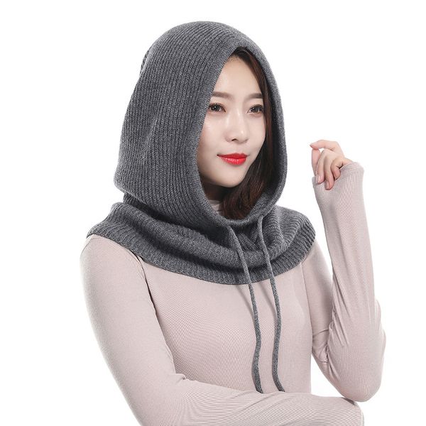 

women wool knitting scarf with hats ladies winter cashmere knit hooded scarf caps solid color warm female beanies hooded, Blue;gray