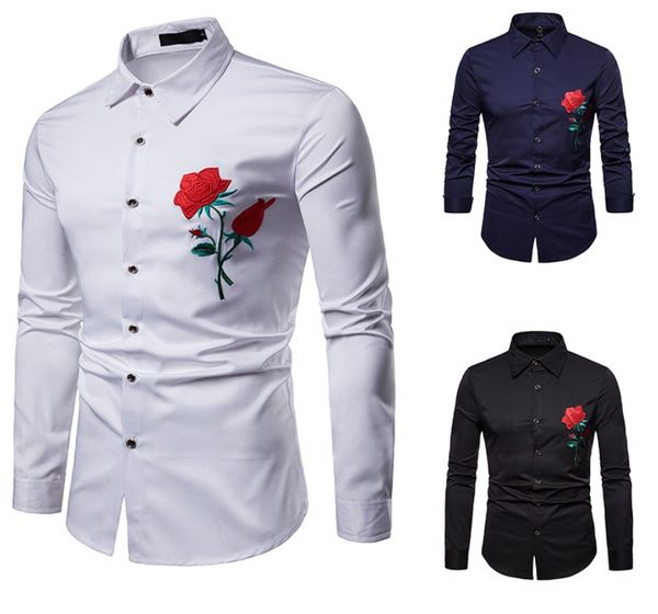 

youyedian 2019 мужская осень зима цветок повседневная золотая вышивка с длинным рукавом рубашка топ блузка новое прибытие, White;black