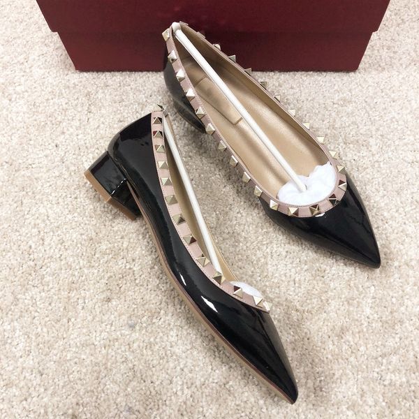 

2020 sexy free shipping fashion Wedding lady women spikes black Patent leather Poined Toes heels shoes Slingback Gladiator PUMPS chunky