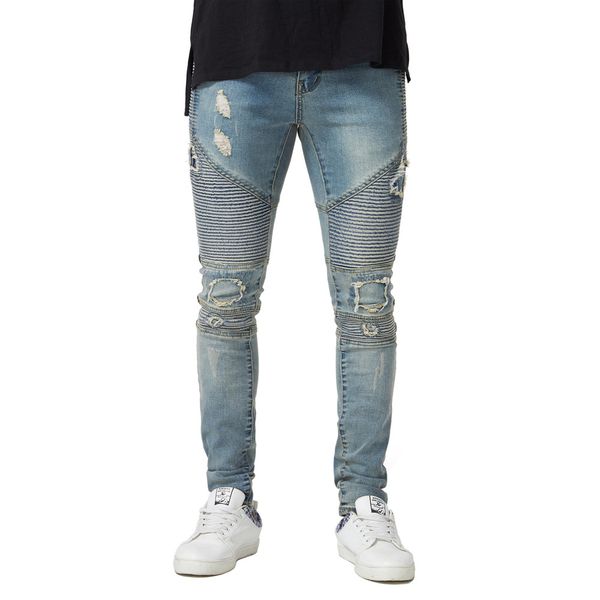 

mens draped designer ripped jeans slim fit biker pencil pants spring autumn fashion trousers, Blue