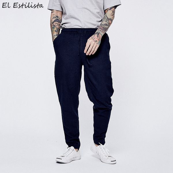 

mens casual drawstring linen pants slim fit soft elastic waist solid color jogger comfy trousers chinese m-xxxl pant streetwear, Black