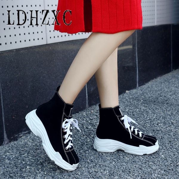 

ldhzxc 2019 women boots round toe square heels lace-up winter autumn shoes ankle boots sewing woman shoes size 44 45 46, Black