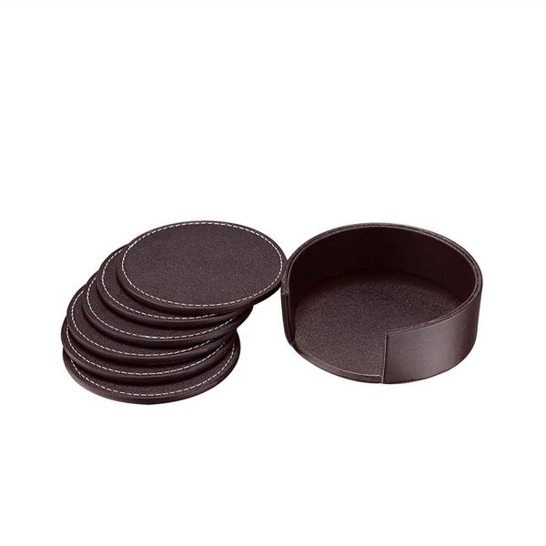 

coasters for drinks,leather coasters with holder set of 6,protect furniture from water marks scratch and damage (brown)