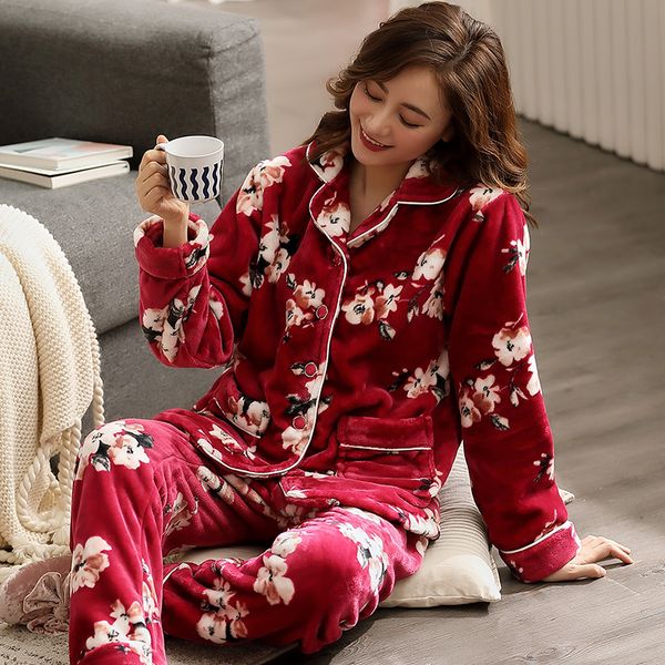 

sleepwear women winter pijama women flannel thick warm pyjamas woman coral fleece pajamas suit plus size 3xl homewaer sleep, Black;red