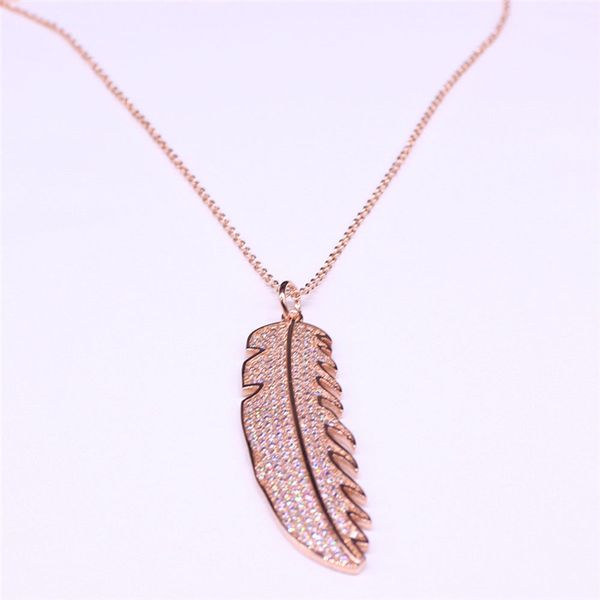 

2020 new copper zircon feather necklaces pendants for women rose gold color statement necklace jewelry colier femme n20365, Silver