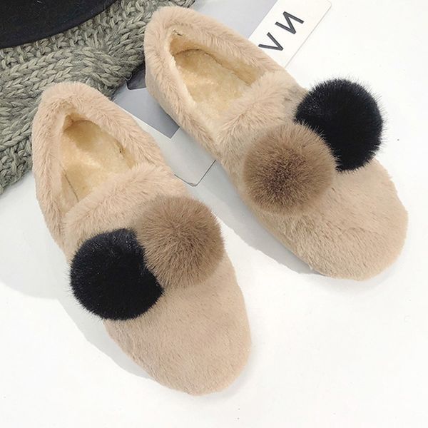 

warm winter fur furry slippers women fur ball plush outdoor flats casual shoes woman indoor home slippers flip flops, Black