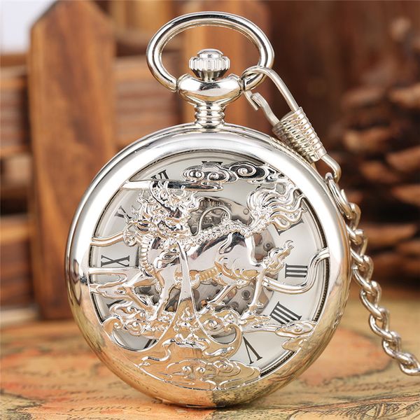 Vintage Silber Taschenuhr Hollow Out Case Kirin Design Handaufzug Mechanische Uhren Skeleton Rome Number Dial Timepiece Pendant FOB Chain