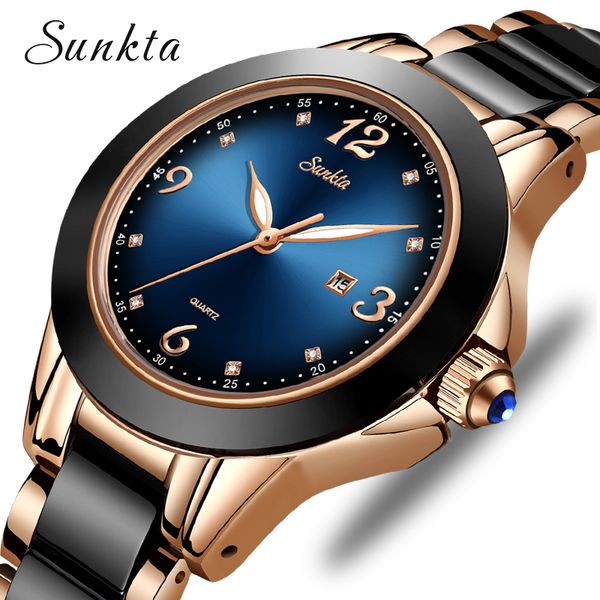 

sunkta fashion women watches ladies brand luxury ceramic rhinestone sport quartz watch women blue waterproof bracelet watch, Slivery;brown