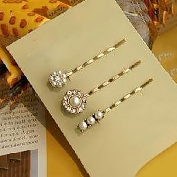 

2018 new fashion women jewelry hairgrip three bobby pins hair clips with imitation pearl and rhinestone crystal, Golden;white