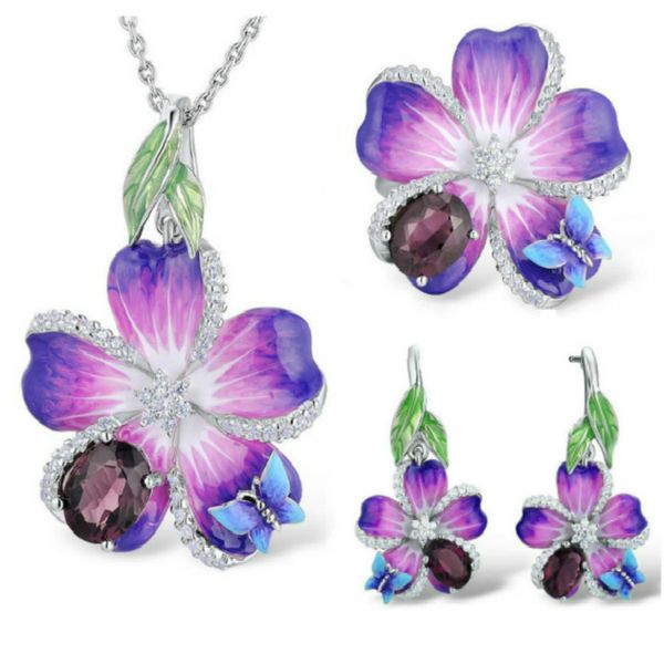 

elegant butterfly flower silver enamel jewelry sets for women beautiful red stone wedding pendant necklace ring earrings sets