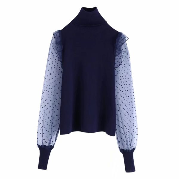 

dot organza lantern sleeve splicing women turtleneck shirts 2019 autumn leisure lady skinny blouses knitted s6739, White