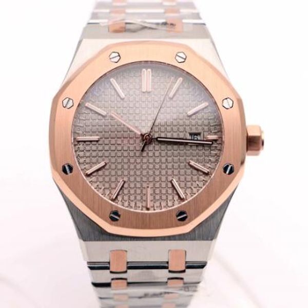 

outdoor automatic gorgeous mens watch watches gold bezel wristwatches transparent back 41mm grey dial with two tone stainless steel bracelet, Slivery;brown