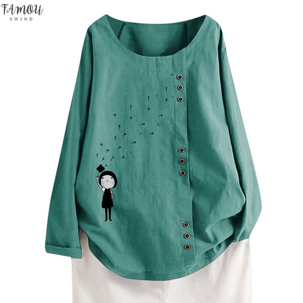 

plus size 5xl women linen blouse autumn fashion long sleeve cotton linen o neck fish printed blouse blusas button mujer moda 2020, White