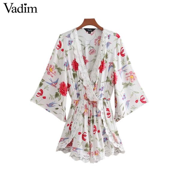 

vadim women cross v neck floral print playsuits lace patchwork elastic waist female stylish chic jumpsuits ka985, Black;white