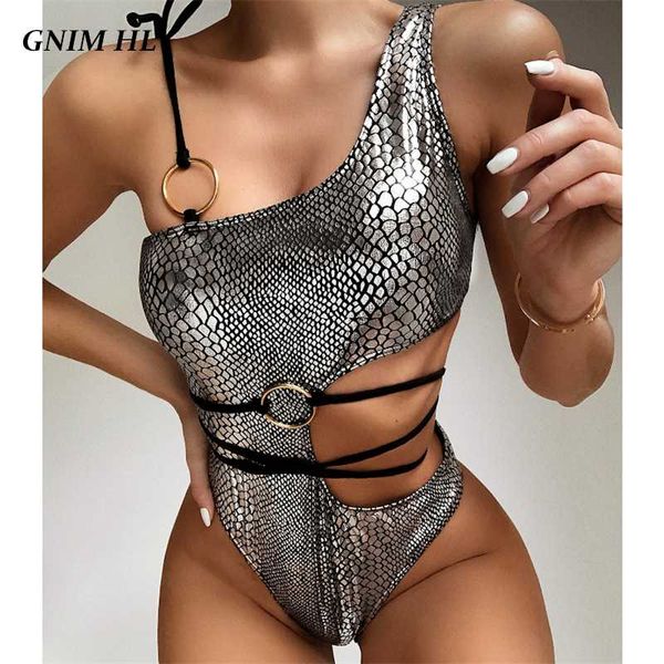 

одно плечо змеиный принт бикини mujer 2020 sexy выдалбливают купальники женщины лето высокая талия бразильский купальник женщины one piece, White;black