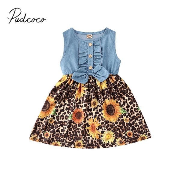 

2020 baby summer clothing baby girls patchwork dress sunflowers leopard print denim sleeveless a-line dress, Red;yellow