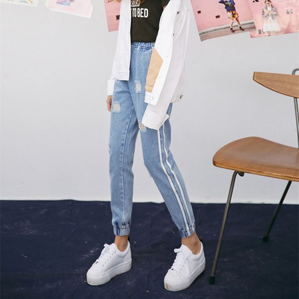 

New Vintage Holes Jeans Women Casual Denim Pant Spring Summer High Waist Ripped Jean Ladies White Striped Side Bottom S-XXL