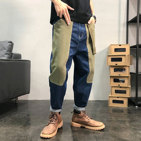 

iidossan 2020 new fashion patchwork jeans men regular japanese streetwear summer jeans simple hiphop men denim trousers, Blue