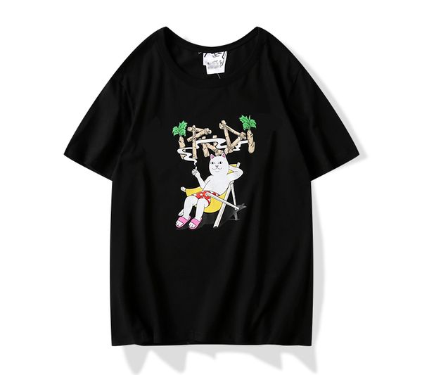 

2020 new couple models men and women designers high-quality cotton t-shirt leisure cat cartoon printing summer short-sleeved round neck, White;black