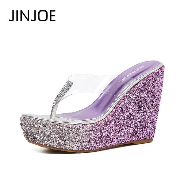 

jinjoe high heel flip fops slipper new sequins thick bottom platform slippers sandals summer women beach wedges shoes, Black