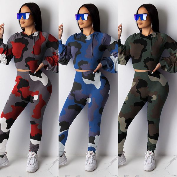 

women 2pcs casual camouflage long sleeve crop hooded long pant suit, White;black