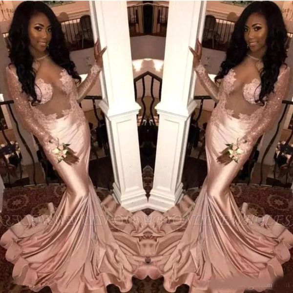 

dusky pink satin mermaid prom dresses 2020 illusion sheer long sleeves lace applique sweep train formal graduation party evening gowns, Black;red