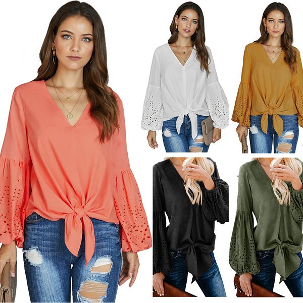 

европейский и американский стиль взрыв модели womens solid color v-образным вырезом шифон блузки 2020 весна-лето новых длинными рукавами сып, White