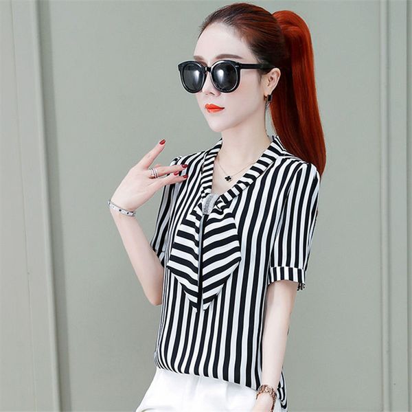 

women's blouses & shirts women spring summer style chiffon lady casual bow tie collar short sleeve striped printed blusas df3703, White