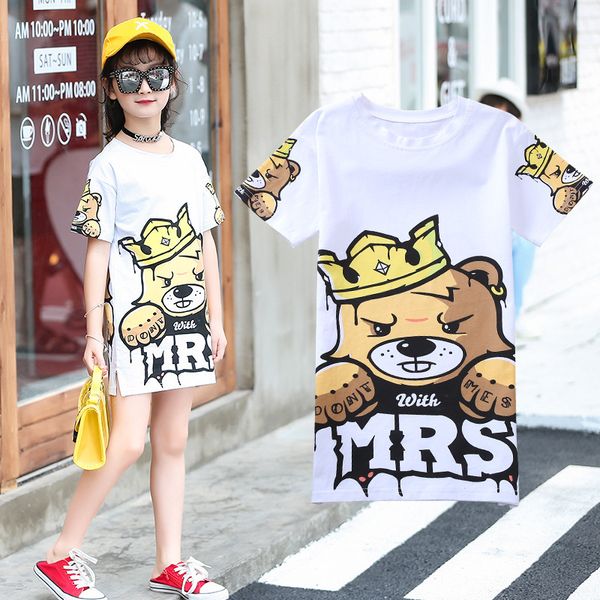 

2020 summer teenager kids baby girls bear dress clothes t shirt grandiose white dress hip-hop 3 4 5 6 7 8 9 10 12 years, Red;yellow