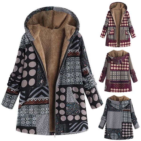 

women plus size winter coats printed cotton padded thickened hooded jackets ty53, Black